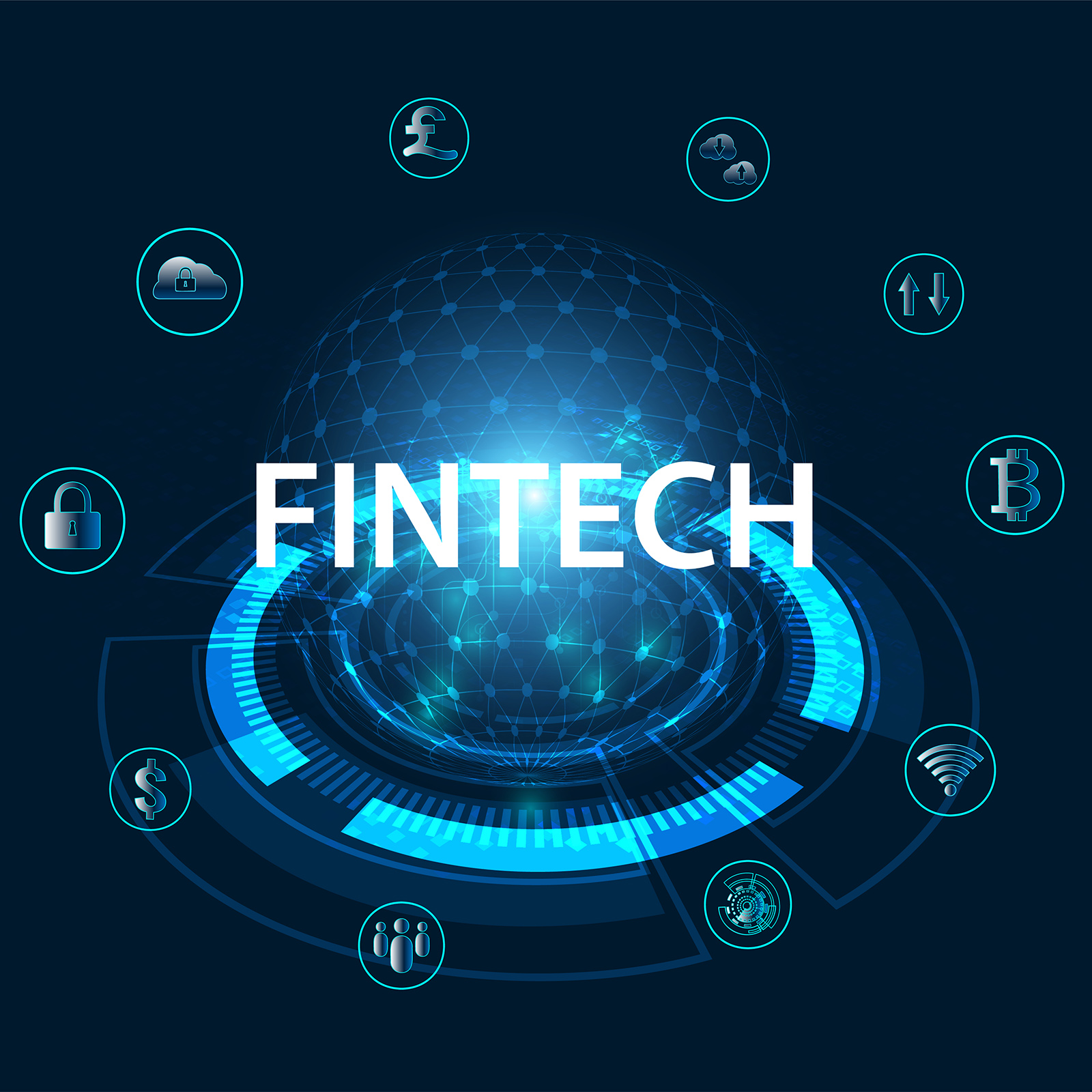 Abstract FinTech Finance Technology applied in the financial bus Abstract FinTech Finance Technology applied in the financial business On a modern blue background, futuristic.